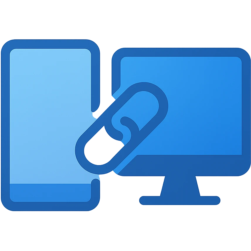 Create a very simple flat color clip art style icon showing a phone and a PC monitor with a link or connection between them. Use the three blue shades from the flat blue palette. The style is minimal and clean with no text, on a transparent background. emoji
