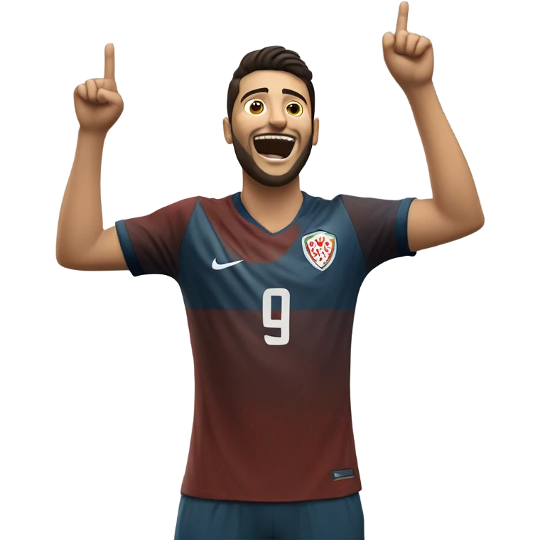 Arda Güler celebrating a goal: his right hand firmly placed on his chest while his left hand is raised and pointing towards the sky, capturing a moment of youthful exuberance, gratitude, and joy emoji