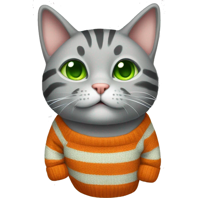 A striped grey cat with green eyes with orange sweater in full growth emoji