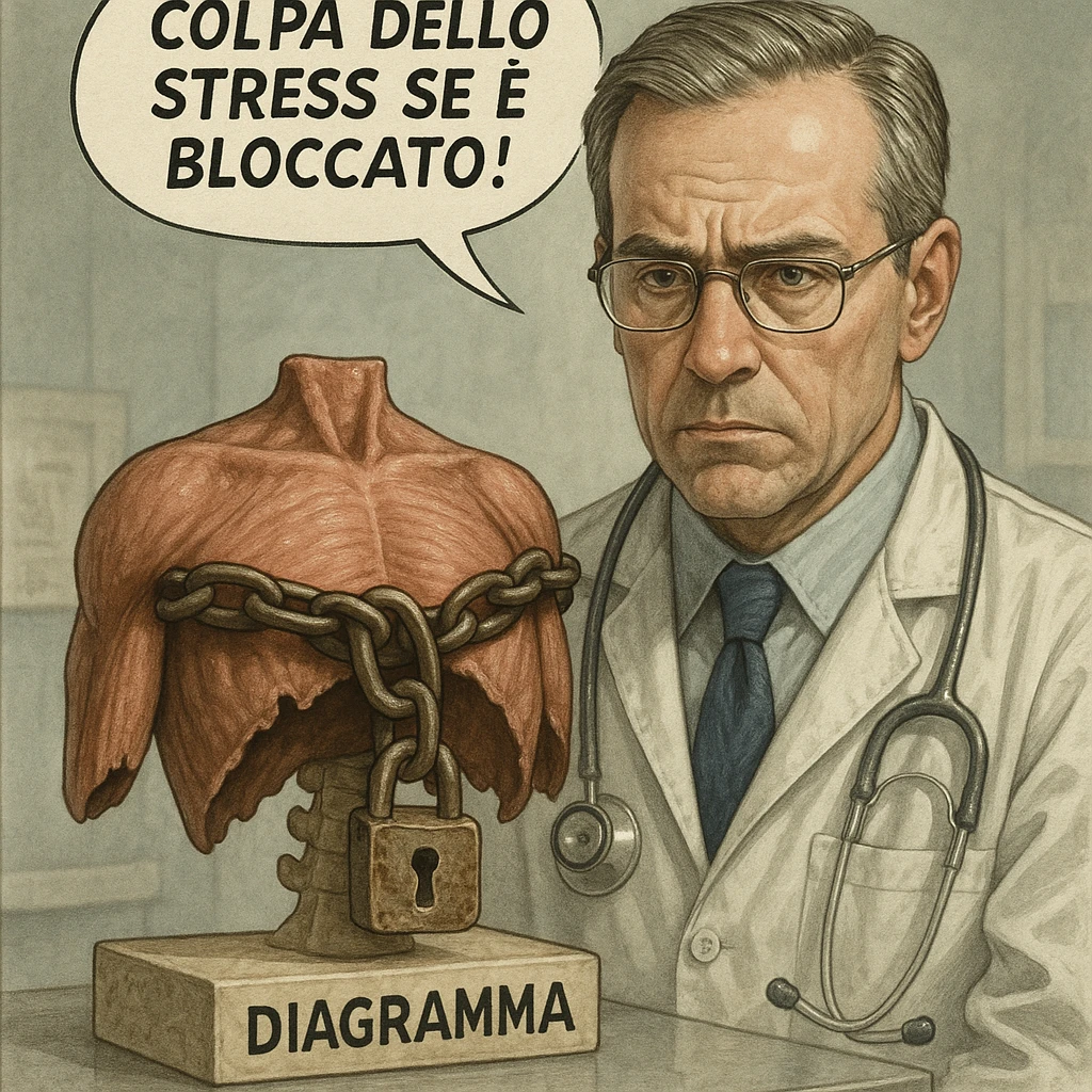 hyper realistic doctor with an anatomical model of a diaphragm locked by a rusty chain, serious expression, comic with the phrase 'Colpa dello stress se è bloccato!', realistic details, clinical atmosphere emoji