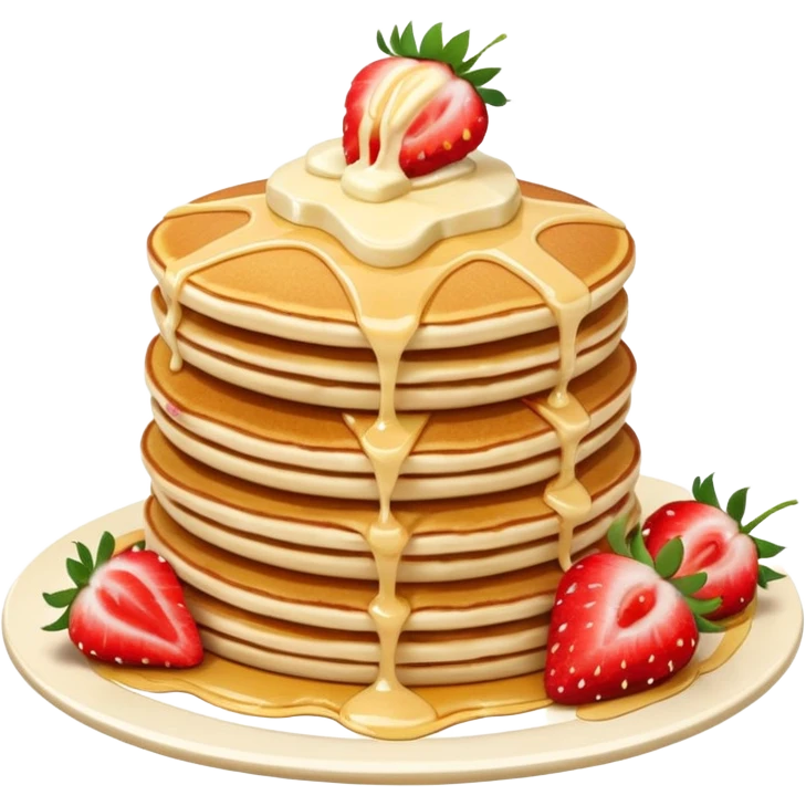 a stack of pancakes with melted white chocolate drizzle and strawberries emoji