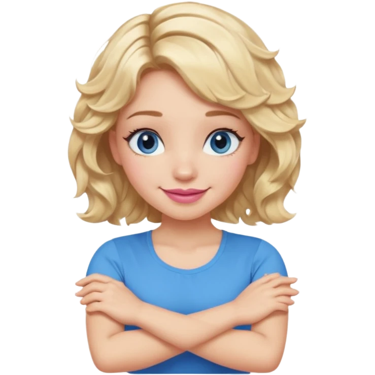 Girl Blonde short wavy hair,  blue eyes, cute blue top, long lashes, pink lips, smiling, making cross arms X with arms  emoji