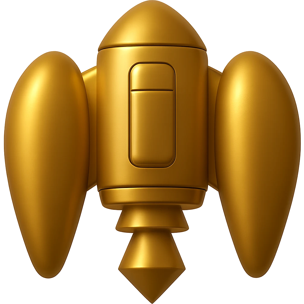 Make the wing rockets even wider, gold ancient wide jetpack, back view, no fire, in the style of apple emojis, with no background. emoji