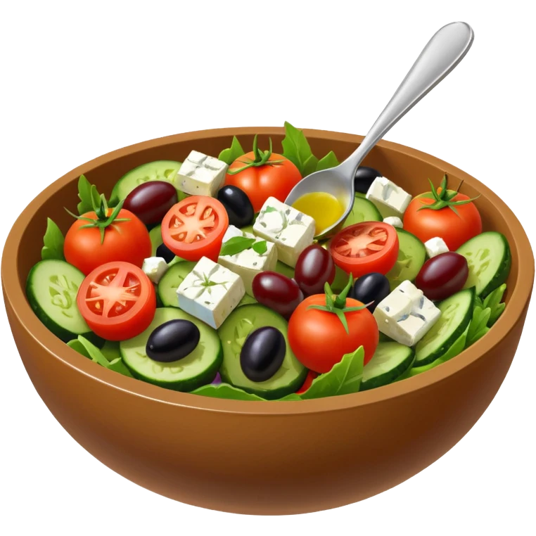 mediterranean salad bowl object icon, tomatoes, cucumbers, olives, feta cheese, olive oil dressing, 3D cartoon, mobile game icon style, clean background, no text, no watermark
 emoji