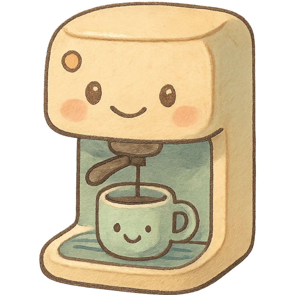 kawaii coffee machine, full body, cute smiling face, soft pastel colors emoji