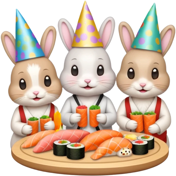 four cute bunny rabbits eating sushi at a birthday party, festive, colorful, party hats, birthday decorations, emoji style emoji