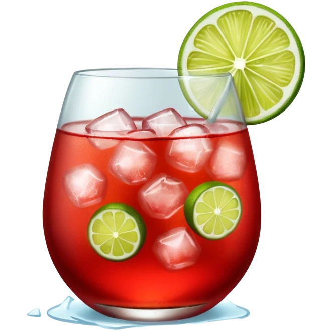 A round wine glass filled with bright red Campari tonic, lots of ice, and a lime wedge on top. emoji