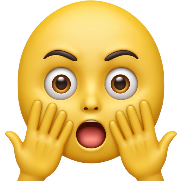 A 3D glossy yellow emoji of a shocked horrified face, with mouth and eyes are wide open, eyebrows  raised, and hands against their face, black background, high quality, soft studio lighting emoji