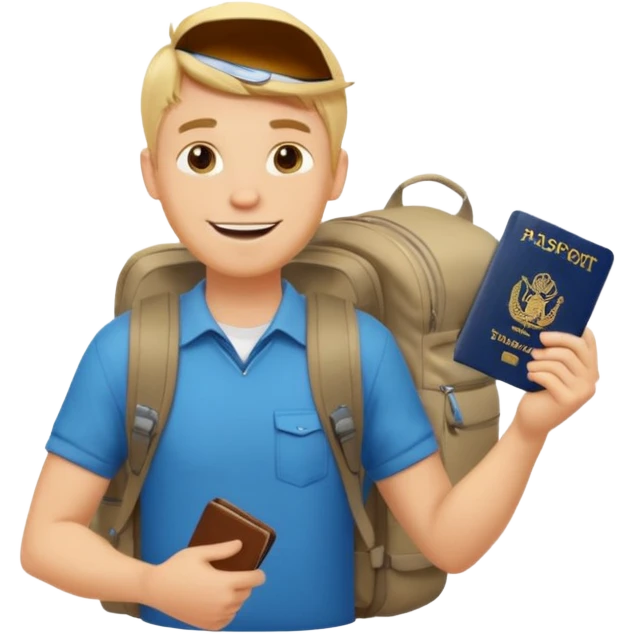 blonde haired Traveler character with passport, backpacker, male emoji