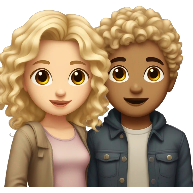 Girl with curly wavy hair and brown eyes kissing  blonde boy with layered hair and hazel eyes  emoji