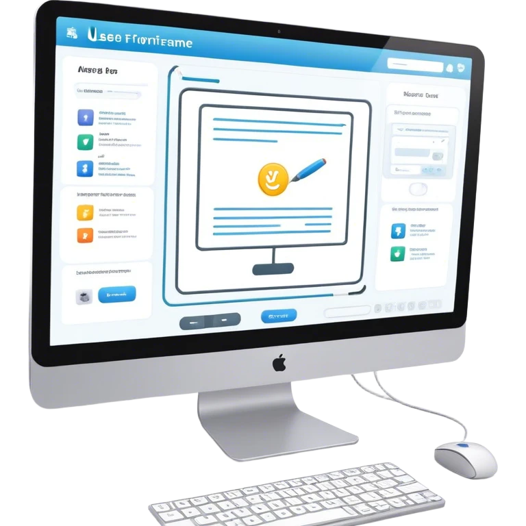 Create an emoji for UX/UI design. Show a computer screen displaying a wireframe or user interface design with buttons, icons, and text fields. Add design tools like a cursor or stylus. Use modern, professional colors. Do not include any emojis or smiley faces. Make the background transparent. emoji