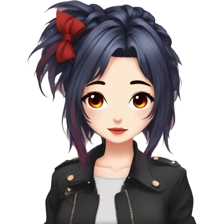 Gorgeous anime style lady with blushing face aesthetic and pretty edgy black red punk hair with hair garment trending style emoji