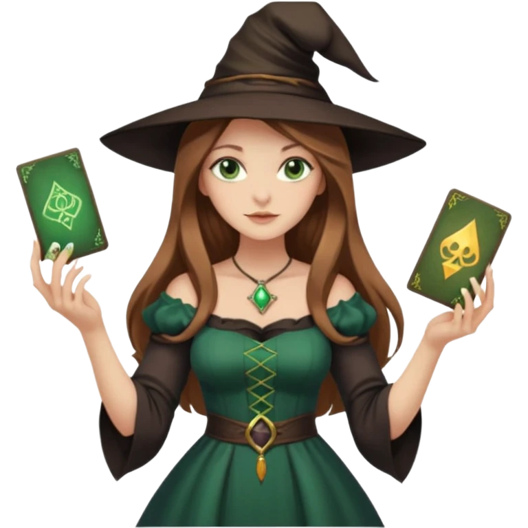  witch girl with long light brown hair and green eyes and Tarot cards without hat and in sexy dress  emoji