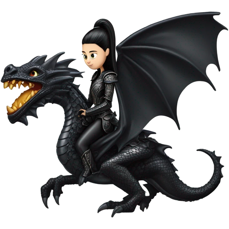  beautiful armored teen Morticia Addams Jedi riding on the back of a very large black shiny evil-looking dragon emoji
