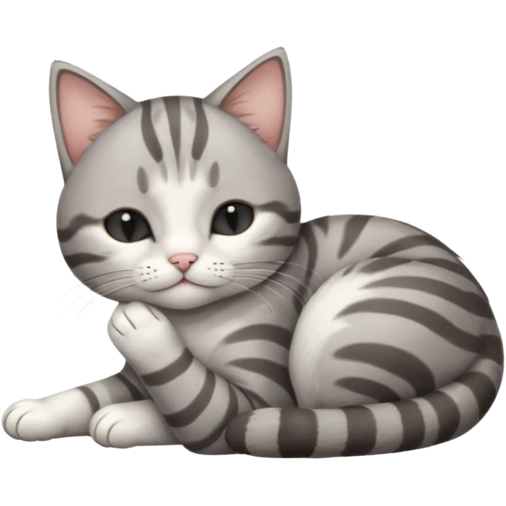 1 grey and white small cat with its eyes closed lying down leaning on his elbow with his paw curled under his head holding it up emoji