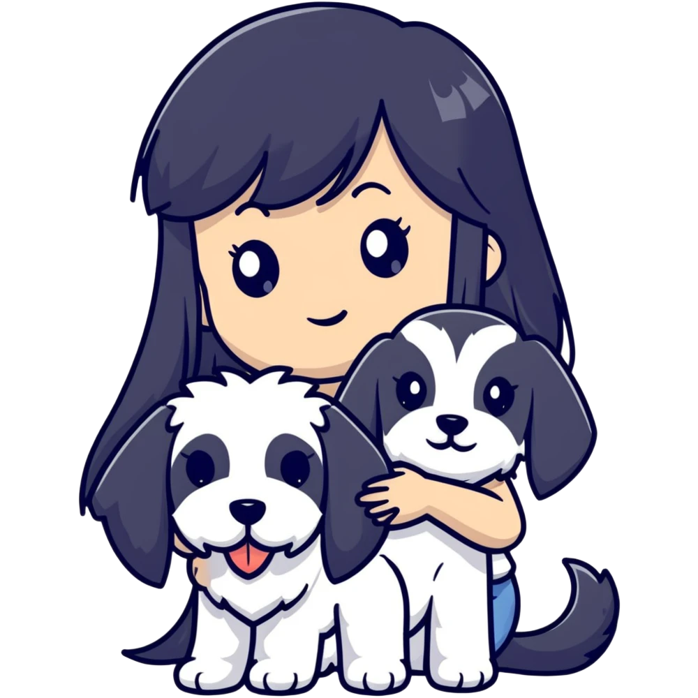 Girl with long black hair and bangs holding a white schnauzer dog emoji