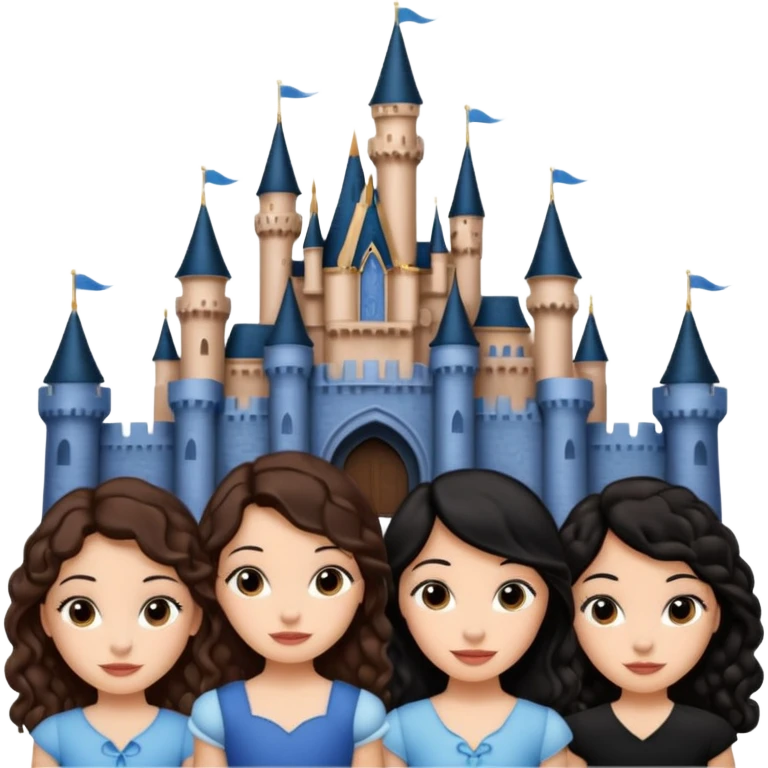 Quiero que crees una imagen donde este el castillo de Disney y por detrás o delante pon a 4 chicas: una con el pelo largo rizado marrón , otra con el pelo muy corto negro, otra con el pelo mediano liso marrón y otra con el pelo negro largo liso emoji