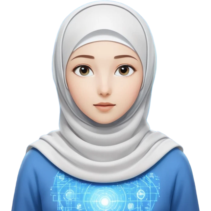 girl with white hijab in blue clothes, surrounded by screens displaying advanced holographic projections, quantum computing visuals, neural networks, futuristic UI elements, flowing digital code emoji