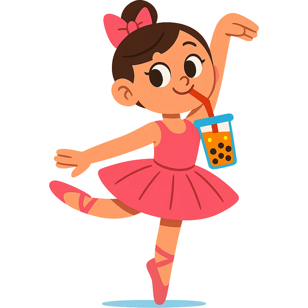 a ballerina sipping bubble tea, cute and playful, vibrant toon style, cheerful and bright emoji