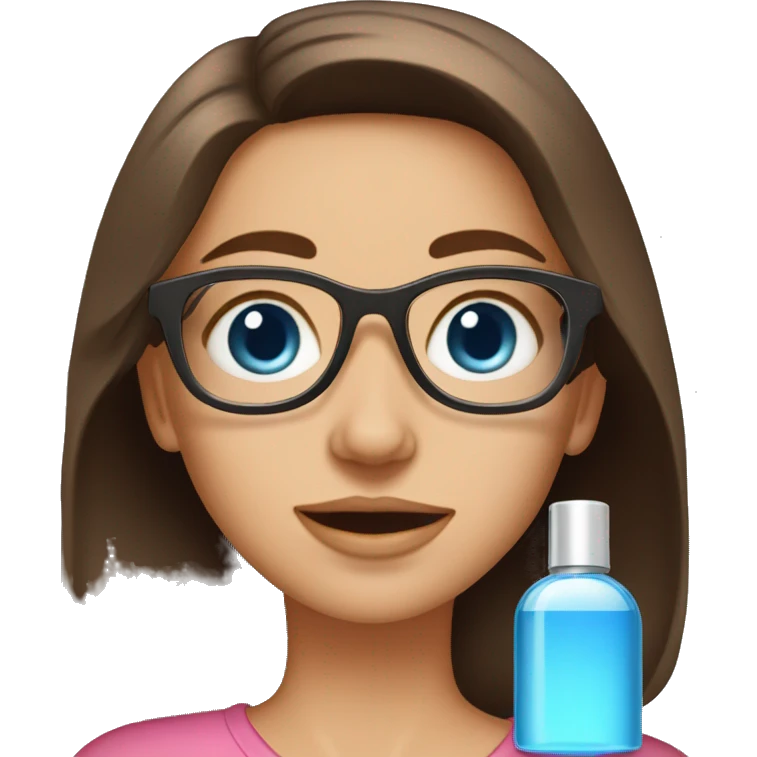 Medium length brown haired girl with blue eyes wearing glasses. Girl is spraying perfume emoji
