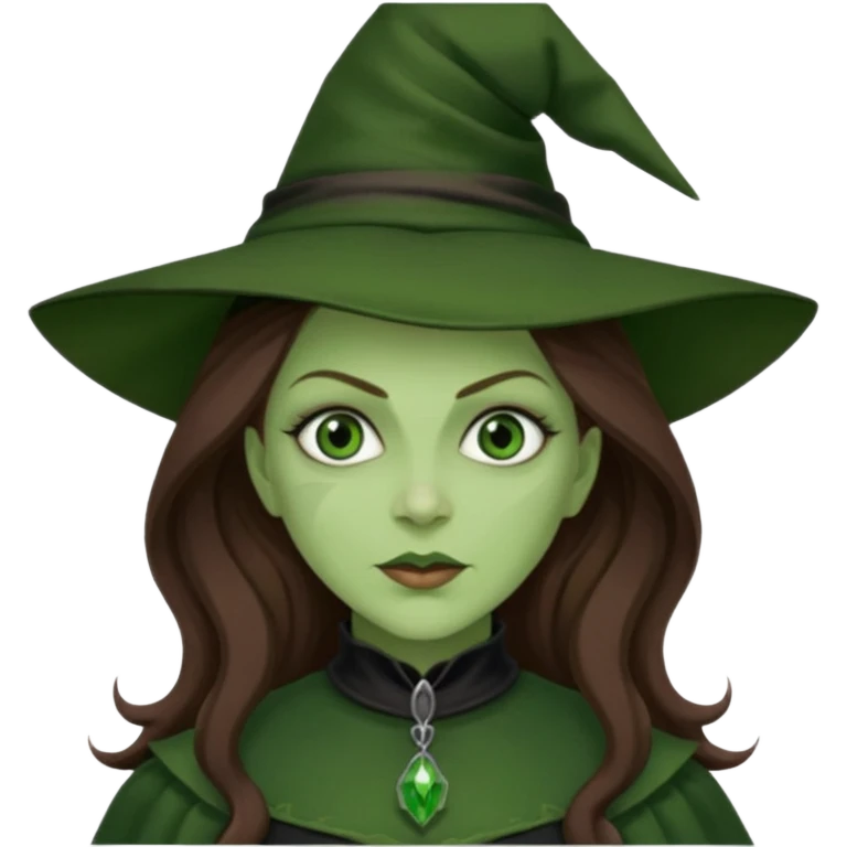 Wicked Witch of the West from the Wizard of Oz with green skin and eyes, brown long hair, dark green outfit emoji