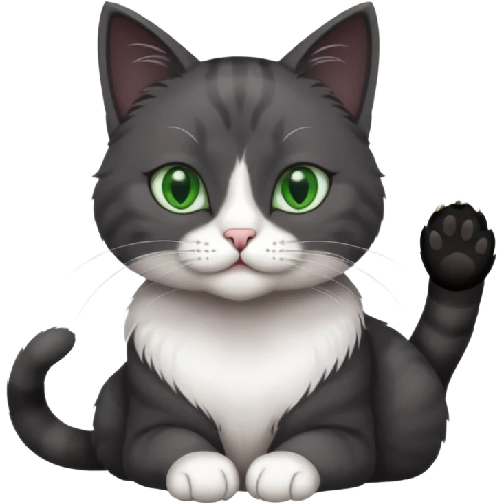 beautiful female solid dark grey cat with green eyes, white toes/paws and white patch on her chest playing emoji