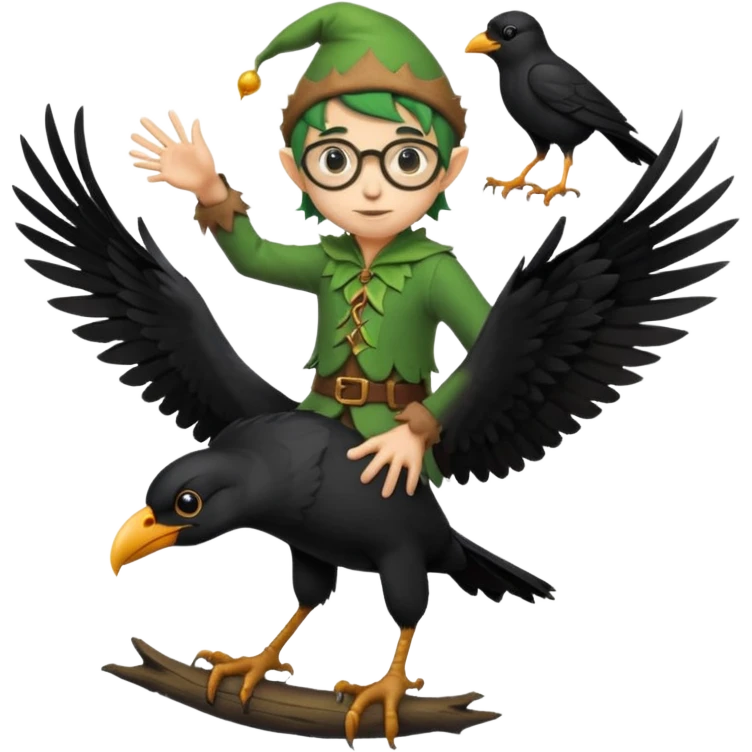 tiny forest elf with round glasses riding crow emoji