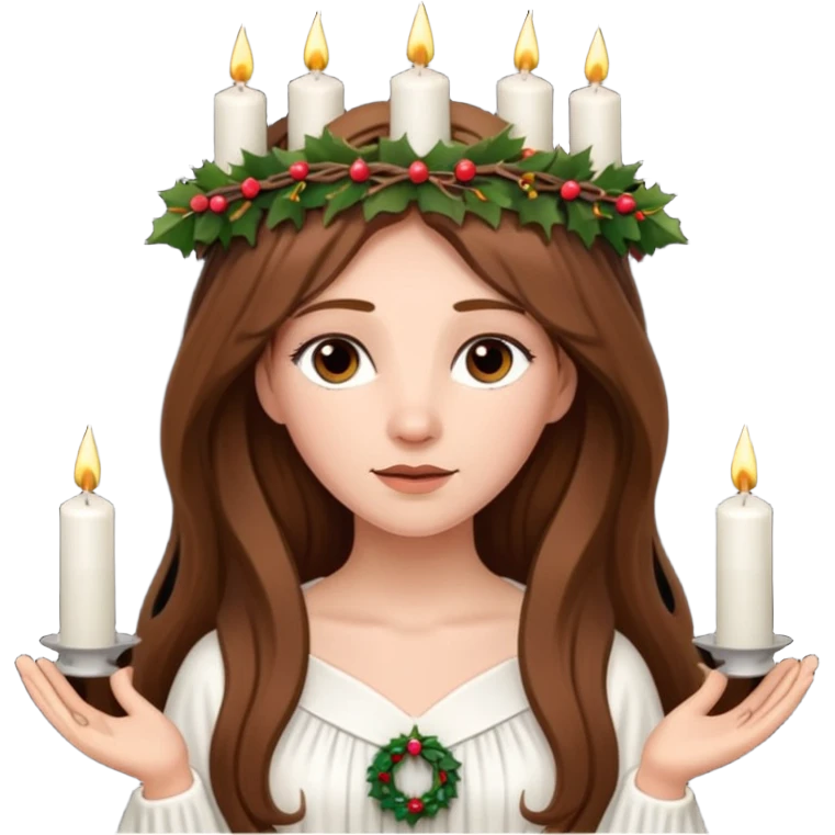 brown long haired white women with white gown and advent wreath with 5 candles on the head emoji