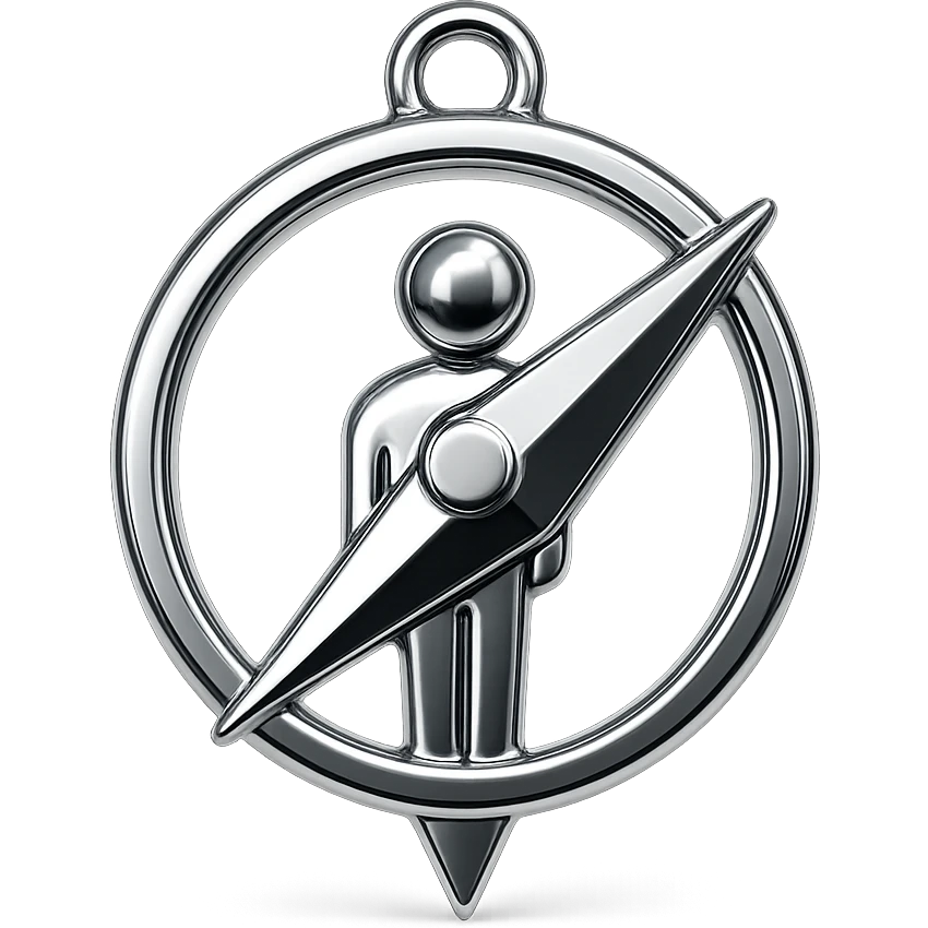 Minimal flat icon of a compass merged with a lone human figure, symbolizing autonomy and exploration. emoji