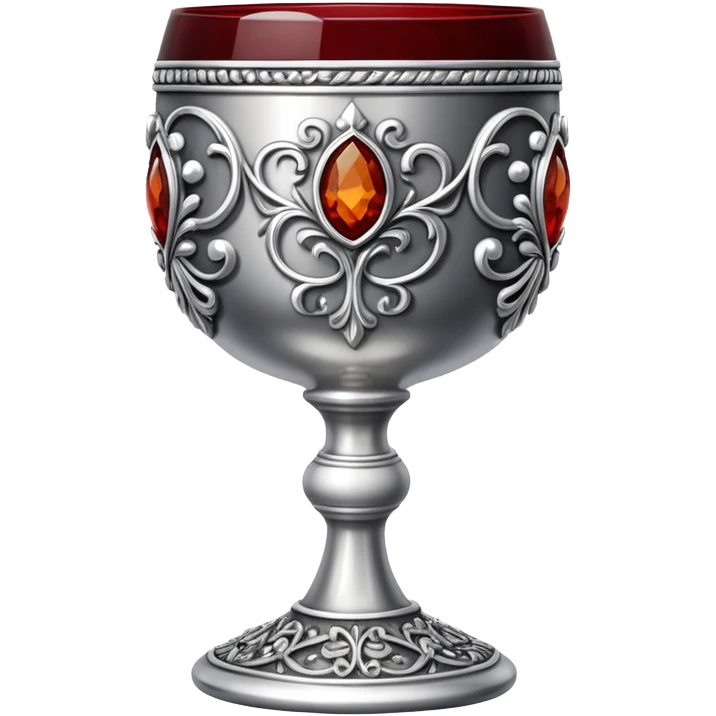 ornate silver goblet decorated with red amber stones filled with red wine emoji