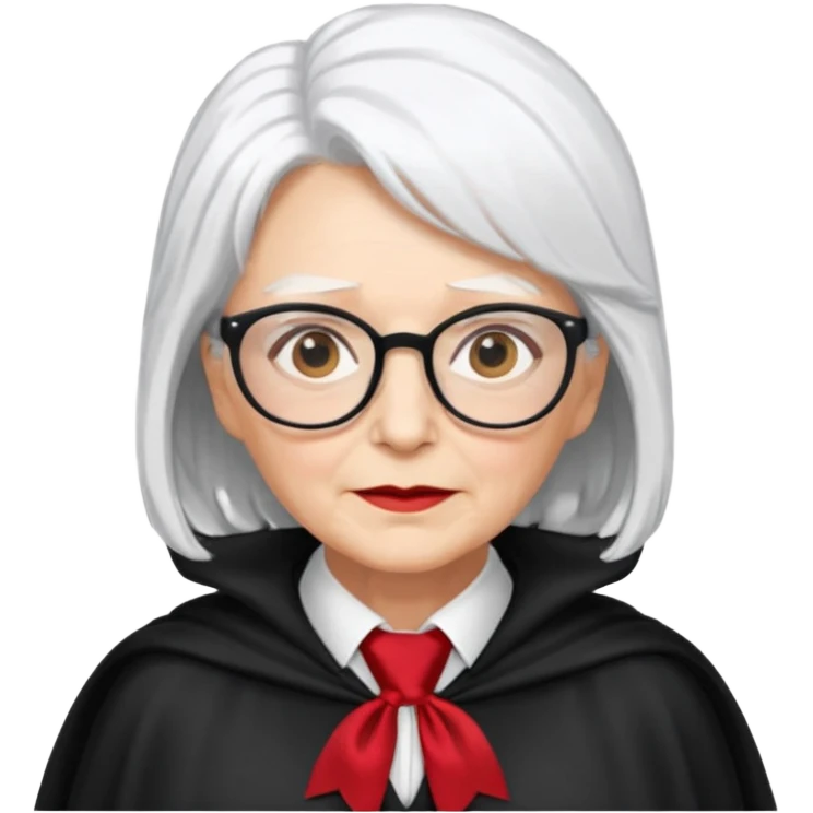 An older woman with glasses and white hair, in a red tie and black cape emoji