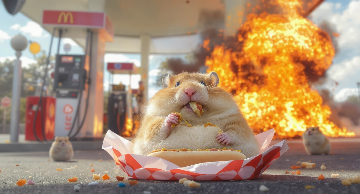 A portrait of a fat hamster eating hotdog on gas station, gas station is in fire, other hamster fun away, sunny day, back light explosion  emoji