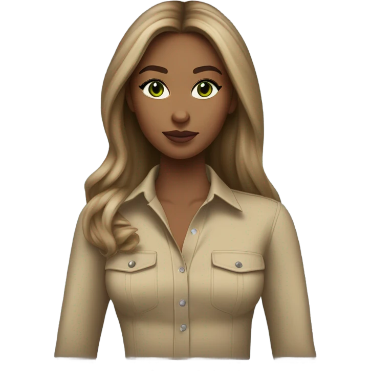 light tan skin, high cheekbone, solo dark blonde girl with green eyes,long sleeve shirt, skinny, long blow out hair, baddie, middle part, sultry emoji