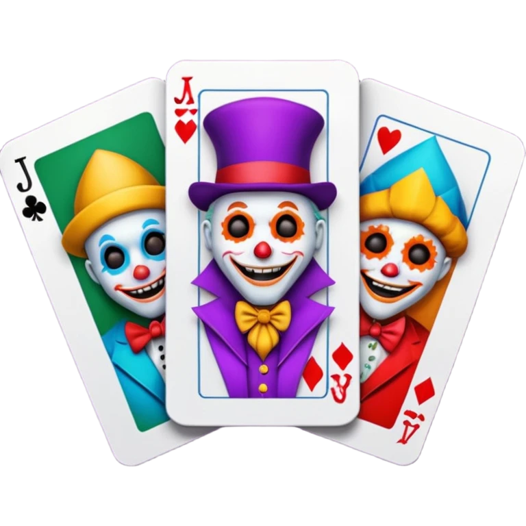3 poker cards, with crazy colorful human jolly jokers inside, emoji