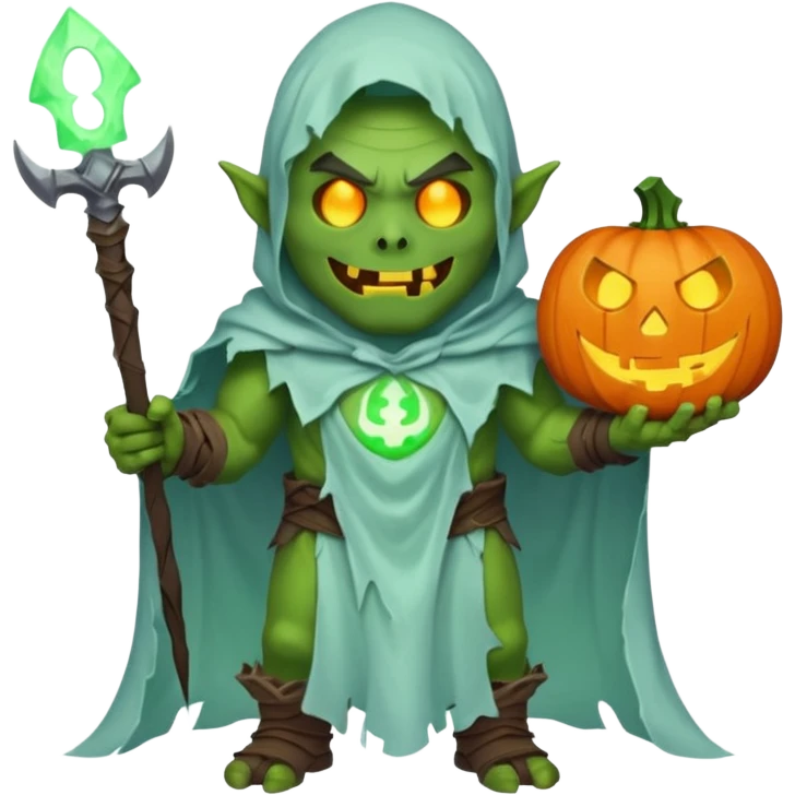 male orc warrior ghost emoji, green skin, wearing torn white ghost sheet costume, holding glowing jack-o'-lantern, faint blue aura, friendly but spooky expression, Halloween fantasy theme, Apple emoji style, clean white background, square emoji