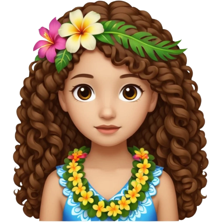 Chica morena clara de ojos marrones cabello rizado largo de lado y una flor hawaiana en el cabello  emoji