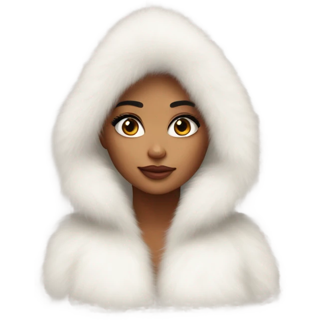 Tanned Girl with lashes ,  in an extremely big fluffy oversized white fur coat with hood on. The fur is real and it’s very obvious big and fluffy like in Pinterest  emoji