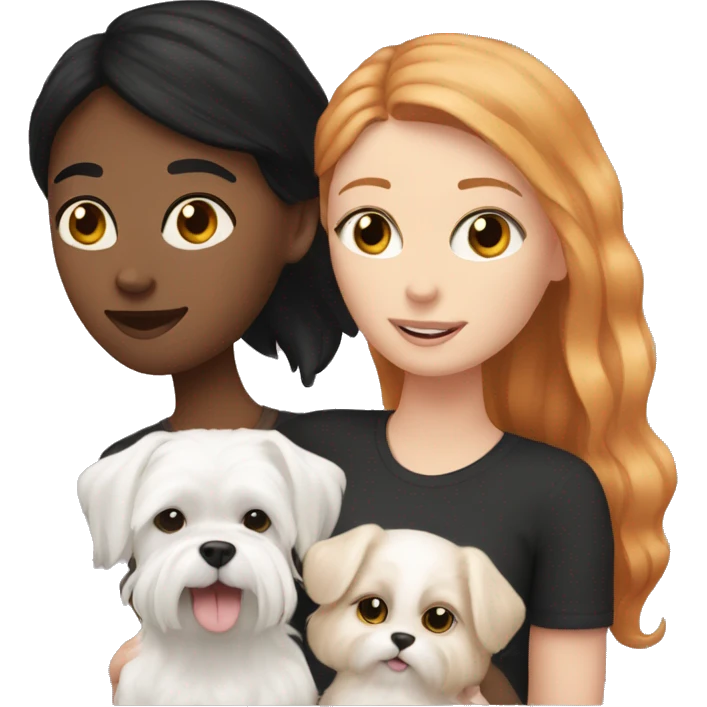 A white girl with black hair holding a Maltese dog and ginger cat side by side  emoji