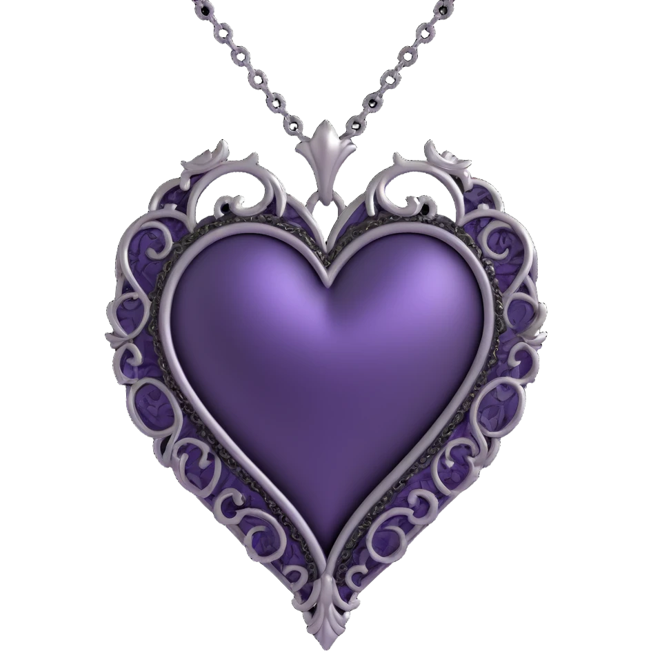 gothic heart, deep purple satin, ornate silver filigree, black lace trim, faint purple glow, with a silver chain wrap emoji