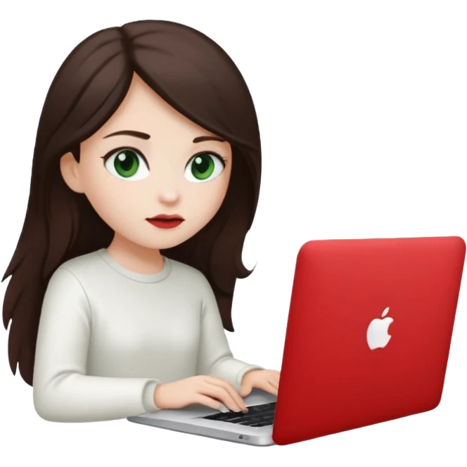 Long dark brown haired, white skinned, dark green eyed girl in white clothes girl sitting in macbook with a red case  emoji