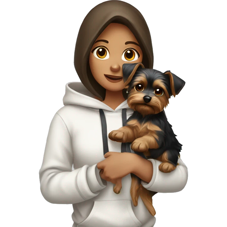 A brunette girl in a white hoodie holds a Yorkshire terrier puppy in her arms emoji