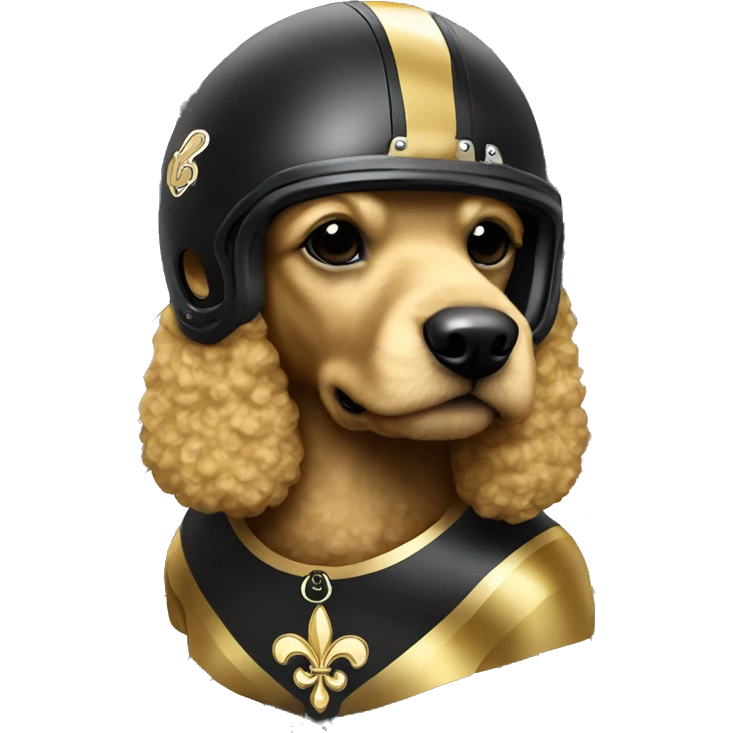 Gold poodle wearing a black football helmet with gold stripe and gold fleur de lis emblem emoji