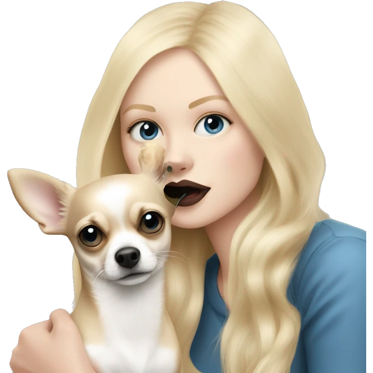 Blonde blue eyed, pale skin woman kissing her chihuahua, the chihuahua has the color of black and white, the chihuahua has long coated  emoji