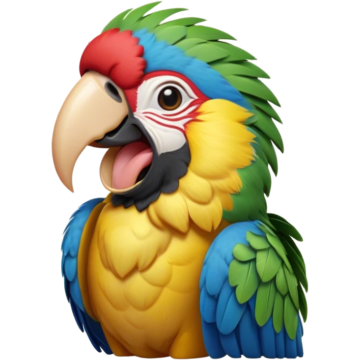 Cinematic Cute Yawning Macaw Portrait Emoji, Head tilted slightly with a dramatic, wide-open yawn, showcasing resplendent feathers and sleepy, half-closed eyes brimming with relaxed elegance, Simplified yet irresistibly adorable features, highly detailed, glowing with a soft, cozy tropical glow, high shine, relaxed yet expressive, stylized with a hint of whimsical charm, soft glowing outline, capturing the essence of a drowsy yet affectionate macaw that appears ready to stretch out for a nap! emoji