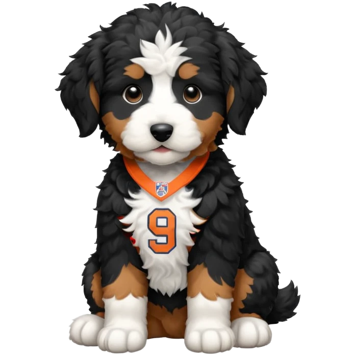 black and white bernedoodle puppy wearing broncos jersey emoji