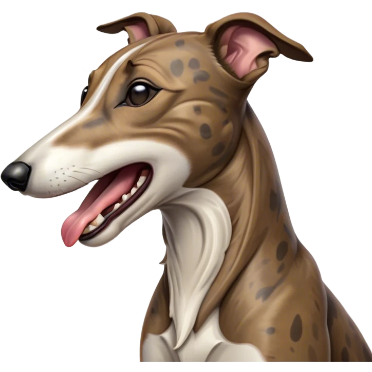 Cinematic Cute Yawning Brindle Greyhound Portrait Emoji, Head tilted slightly with a dramatic, wide-open yawn, showcasing a smooth brindle Fur with a refined pattern, floppy ears slightly drooping, round eyes barely open in drowsy contentment, Simplified yet irresistibly adorable features, highly detailed, glowing with a soft, cozy glow, high shine, relaxed yet expressive, stylized with a touch of whimsy, bright and endearing, soft glowing outline, capturing the essence of a sleepy yet affectionate racer, so drowsy it feels like it could stretch out of the screen and curl up for a nap! emoji