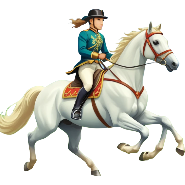 An icon showcasing a majestic horse and rider in full gallop across a lush green field. The background features a clear sky, distant mountains, and a vibrant landscape. The rider wears traditional gear, while the horse leaps with grace and power. Transparent background emoji