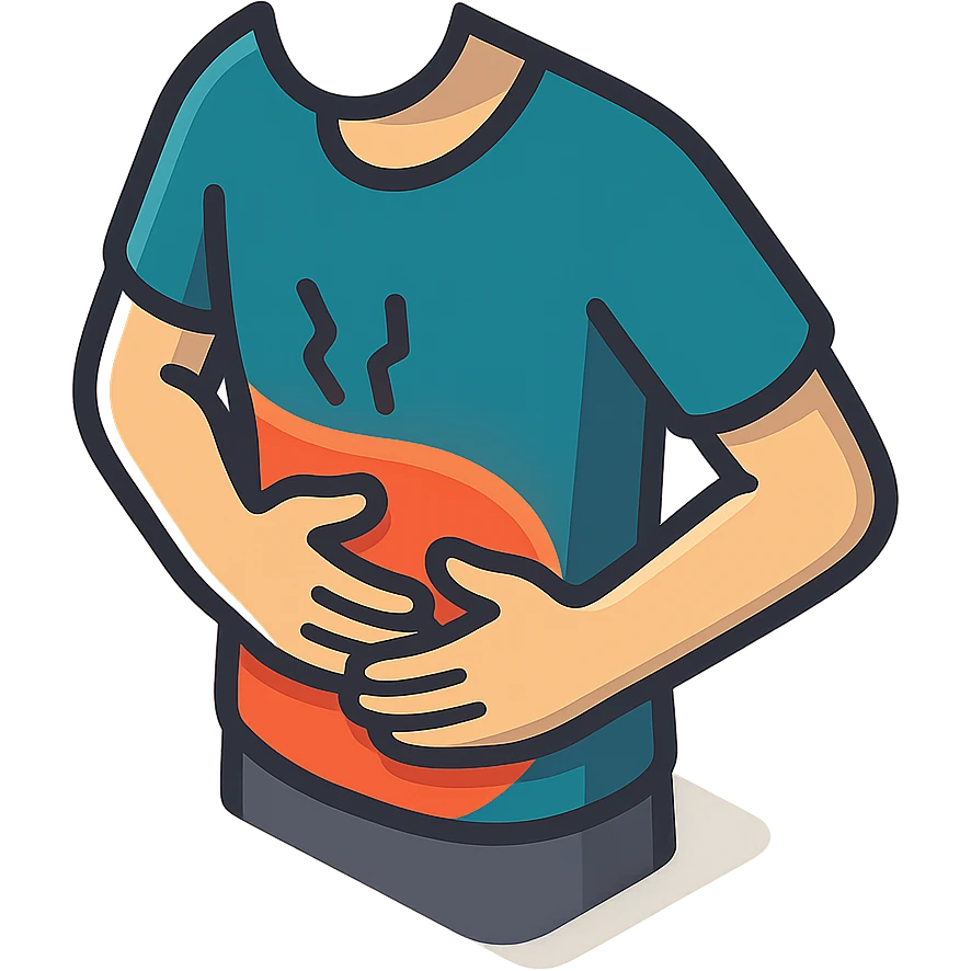 close-up of a person's stomach with both hands pressing on it from the front, showing discomfort, only the stomach and hands, no face, 2D isometric illustration style emoji