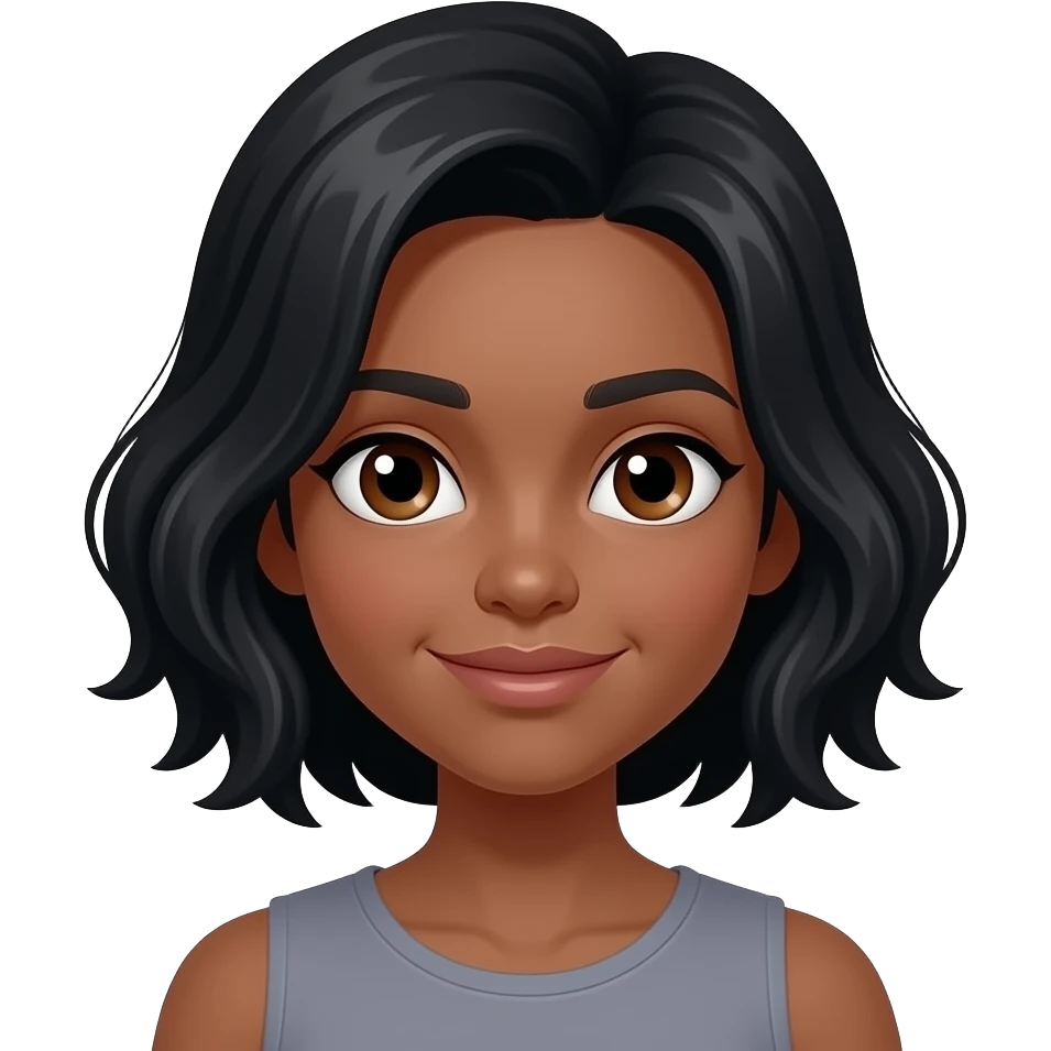 Chica pelinegra con pelo ondulado y corto, ojos marrones, piel morocha emoji