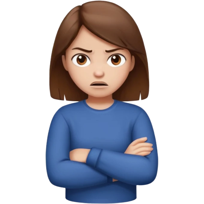 Girl with brown hair crossing arms in front of her chest and making an angry face emoji